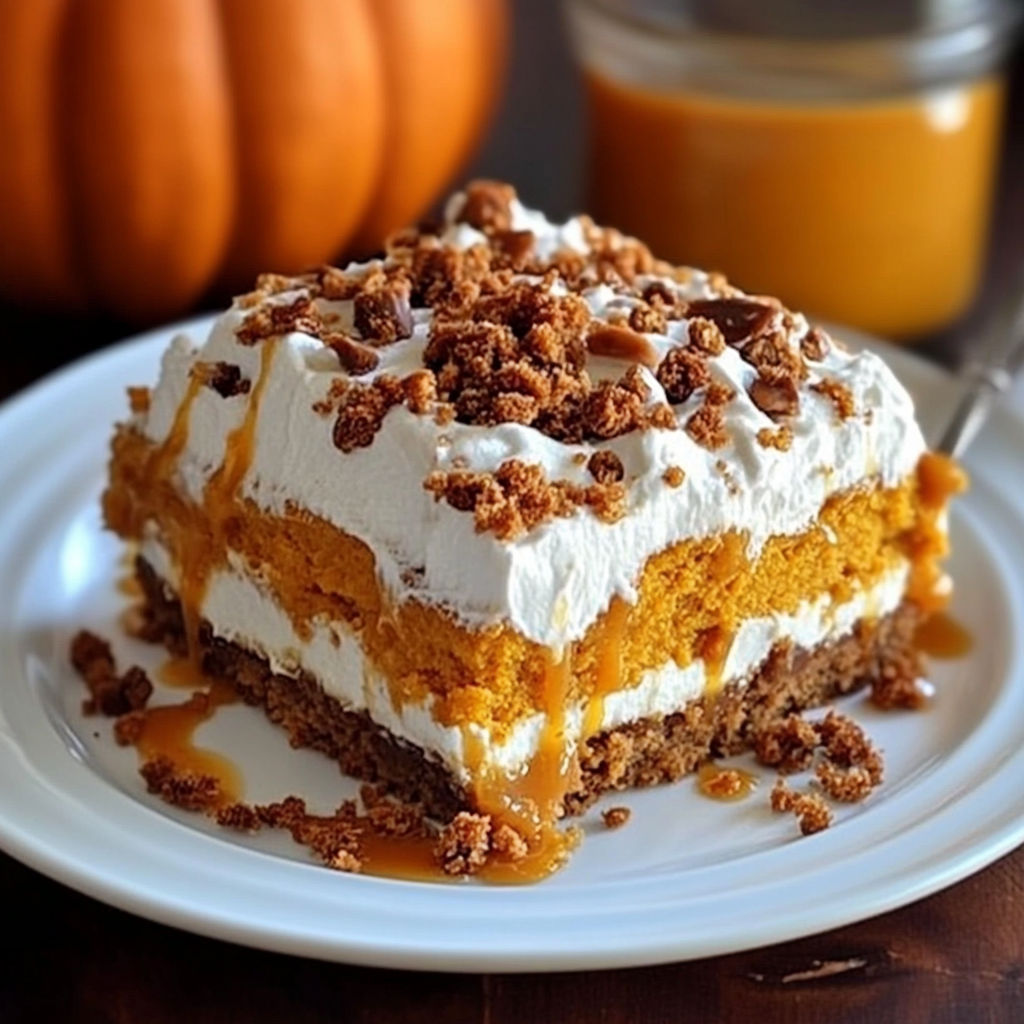 A slice of Pumpkin Better Than Sex Cake on a white plate.
