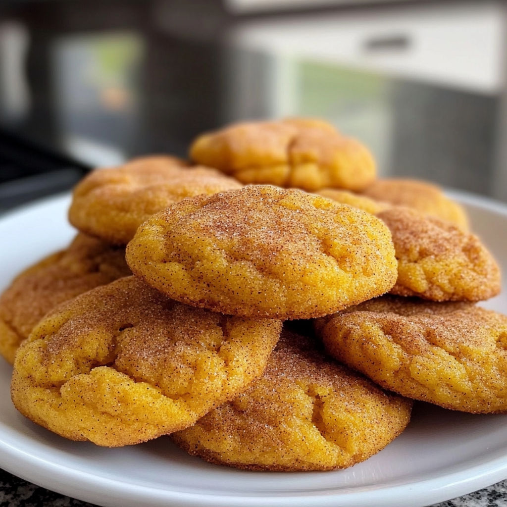 A plate of soft pumpkin snickerdoodles, a delicious and sweet treat.