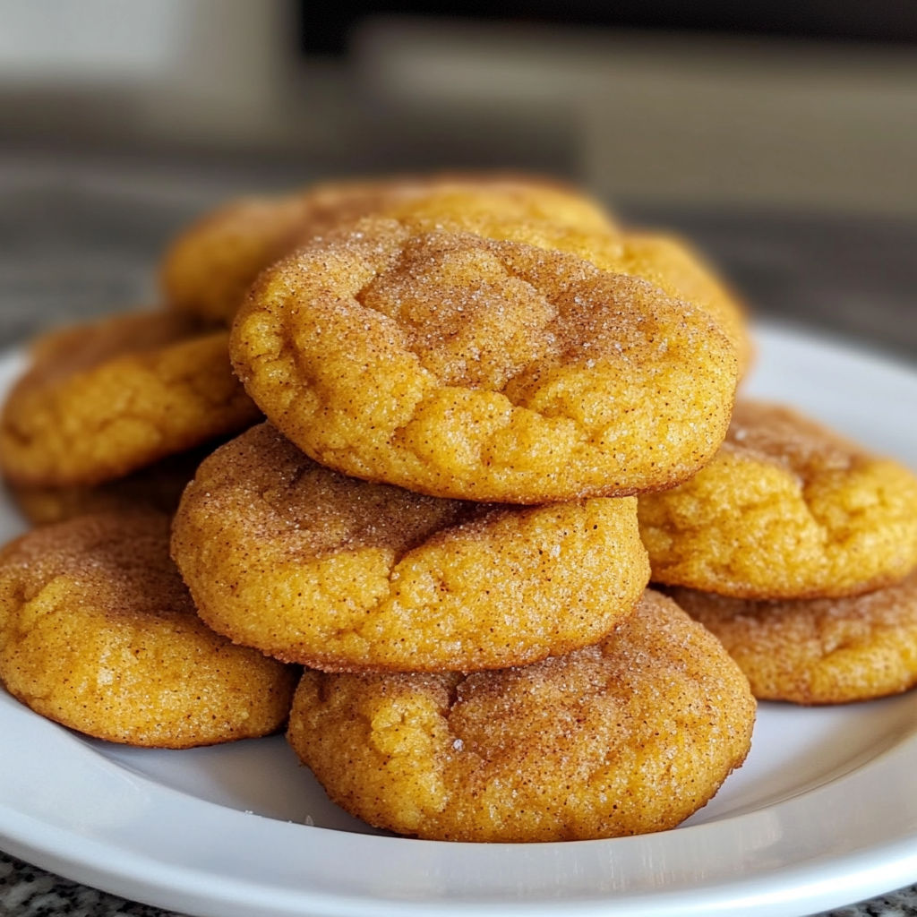 A plate of soft pumpkin snickerdoodles, a delicious and sweet treat.