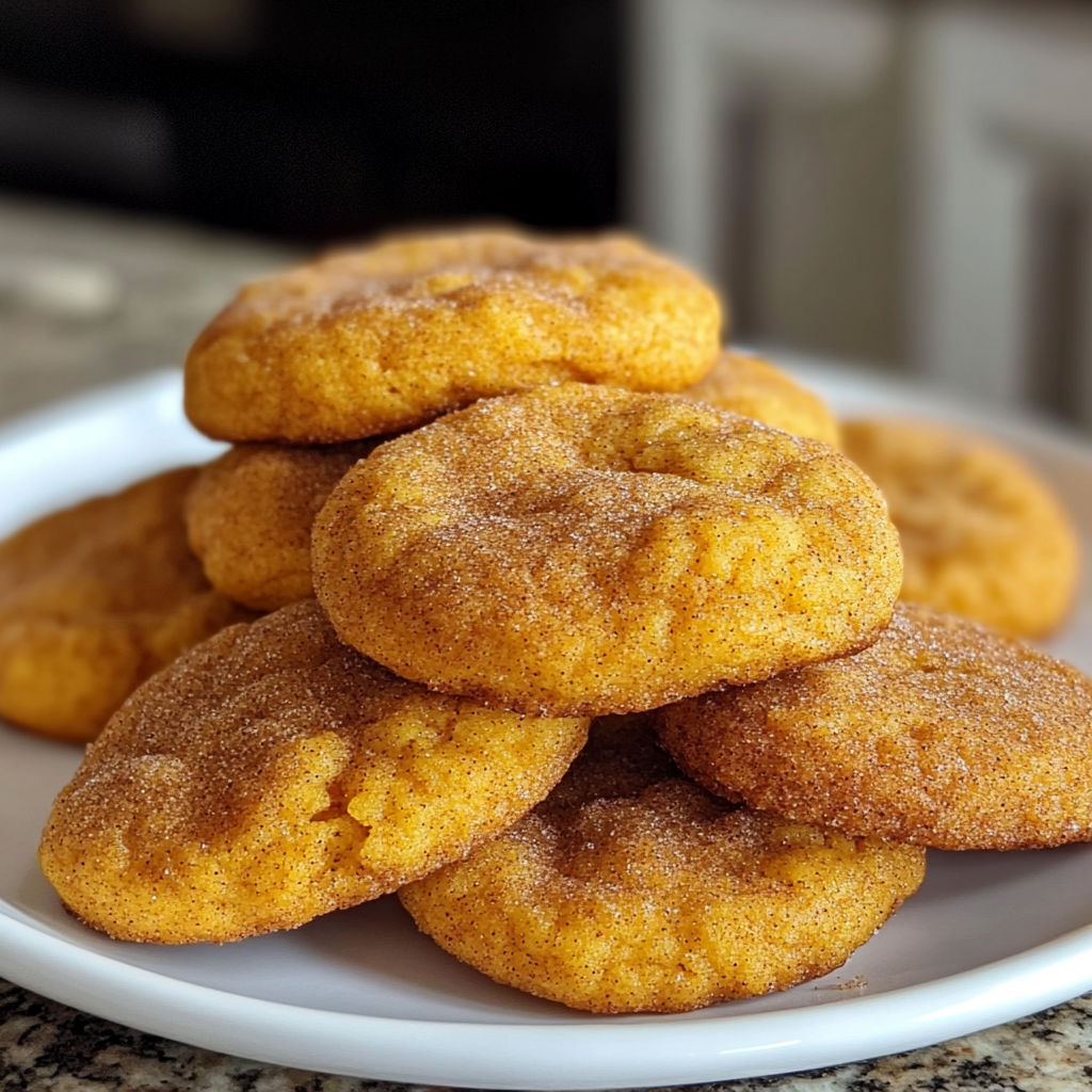 A plate of soft pumpkin snickerdoodles stacked on top of each other.