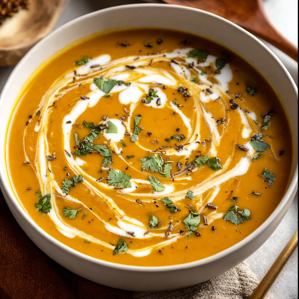 A bowl of soup with a spoon in it.