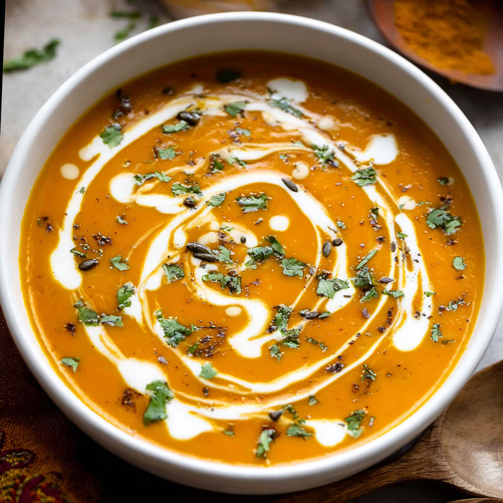A bowl of soup with a spoon in it, the soup is made with carrots and cream.