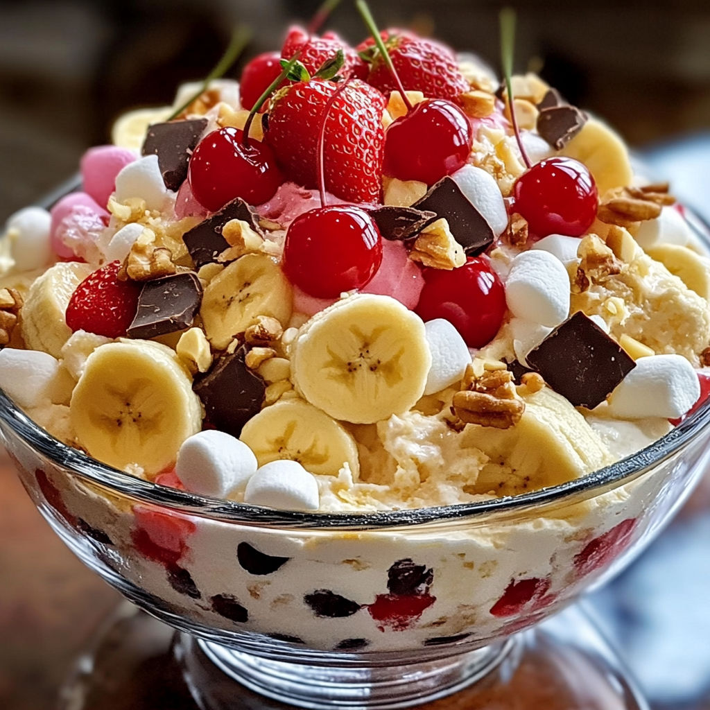 A Banana Split Fluff is a delicious dessert made with bananas, nuts, and other fruits.