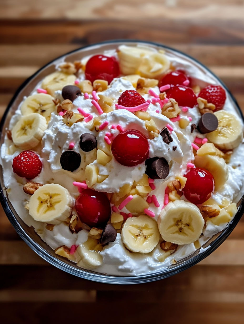 A delicious dessert with bananas, strawberries, and nuts.