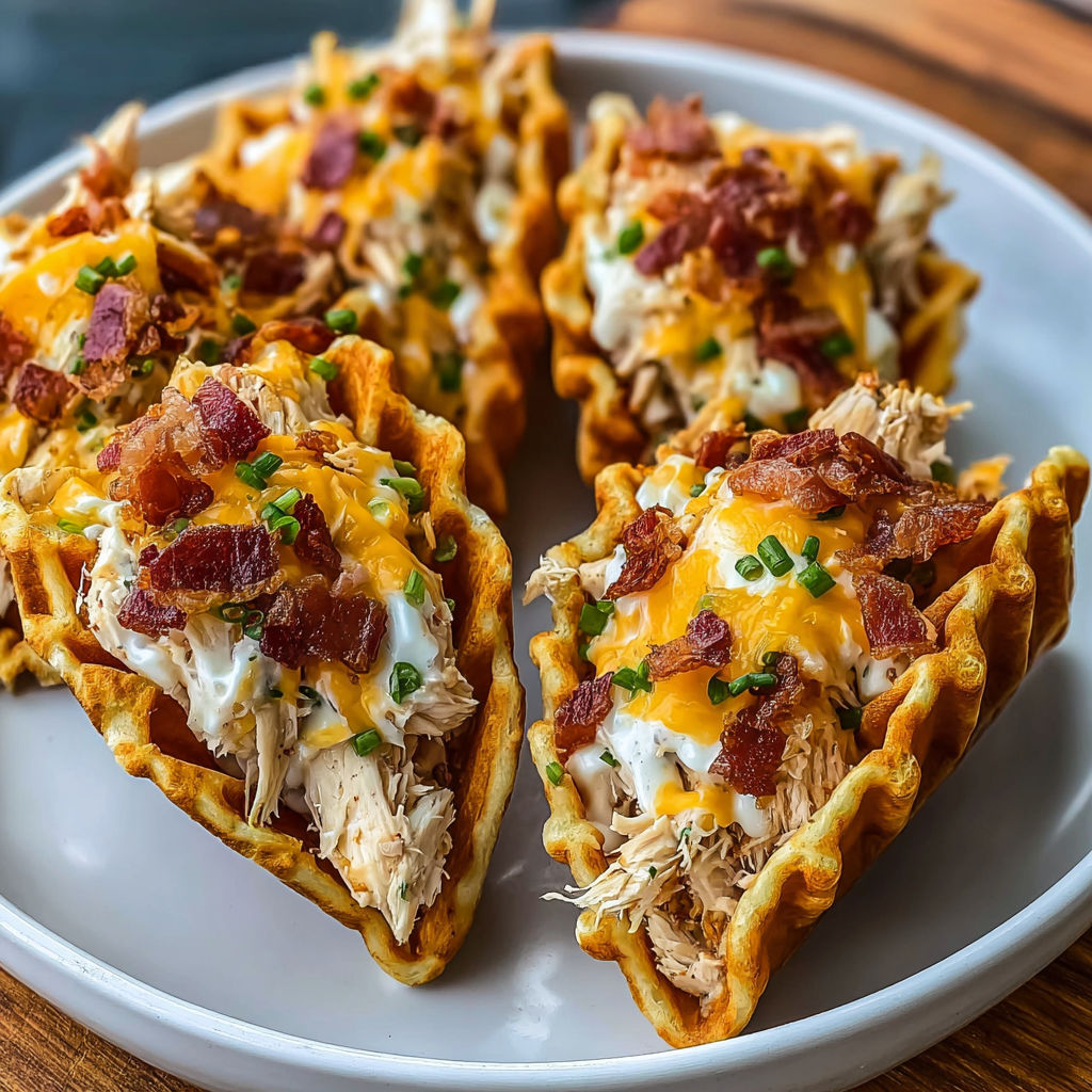 A plate of bacon and cheese waffle sandwiches.