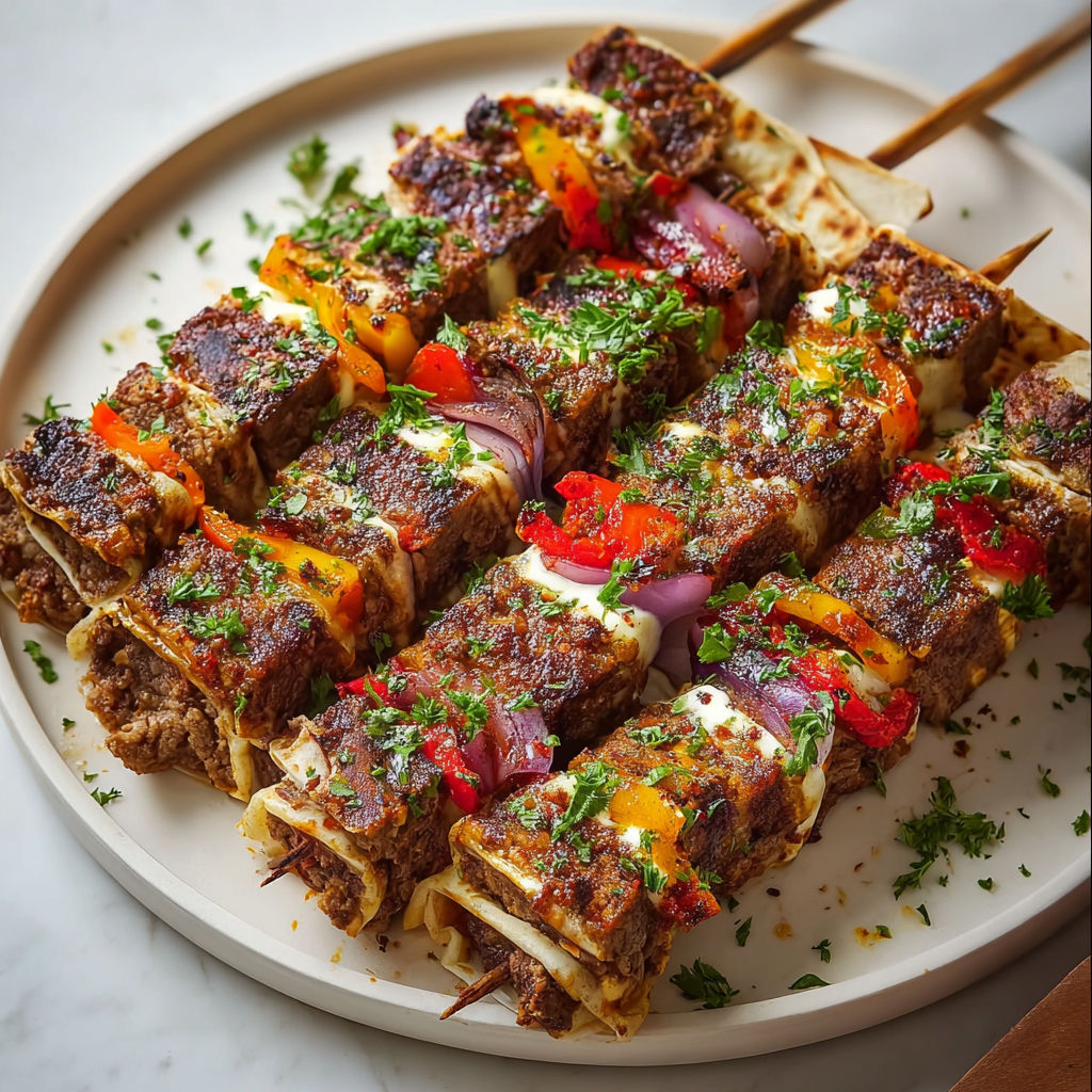 A plate of delicious layered tortilla kebab skewers.