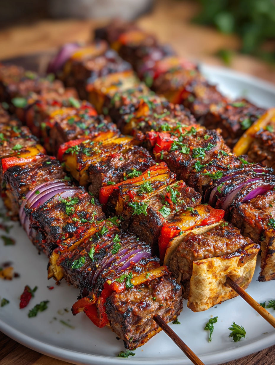A plate of shish kabob with peppers and onions.