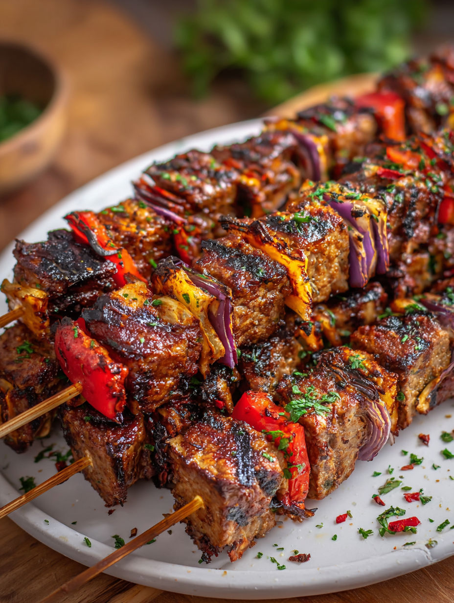 A delicious kebab with a variety of vegetables and meat, including peppers, onions, and tomatoes, is displayed on a white plate.