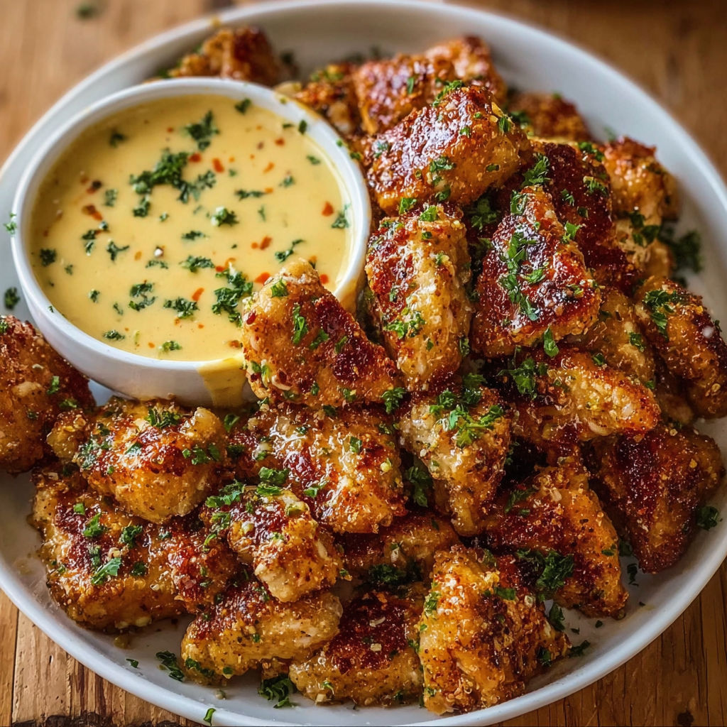 A plate of Cowboy Butter Chicken Bites with Cajun Creamy Dipping Sauce.