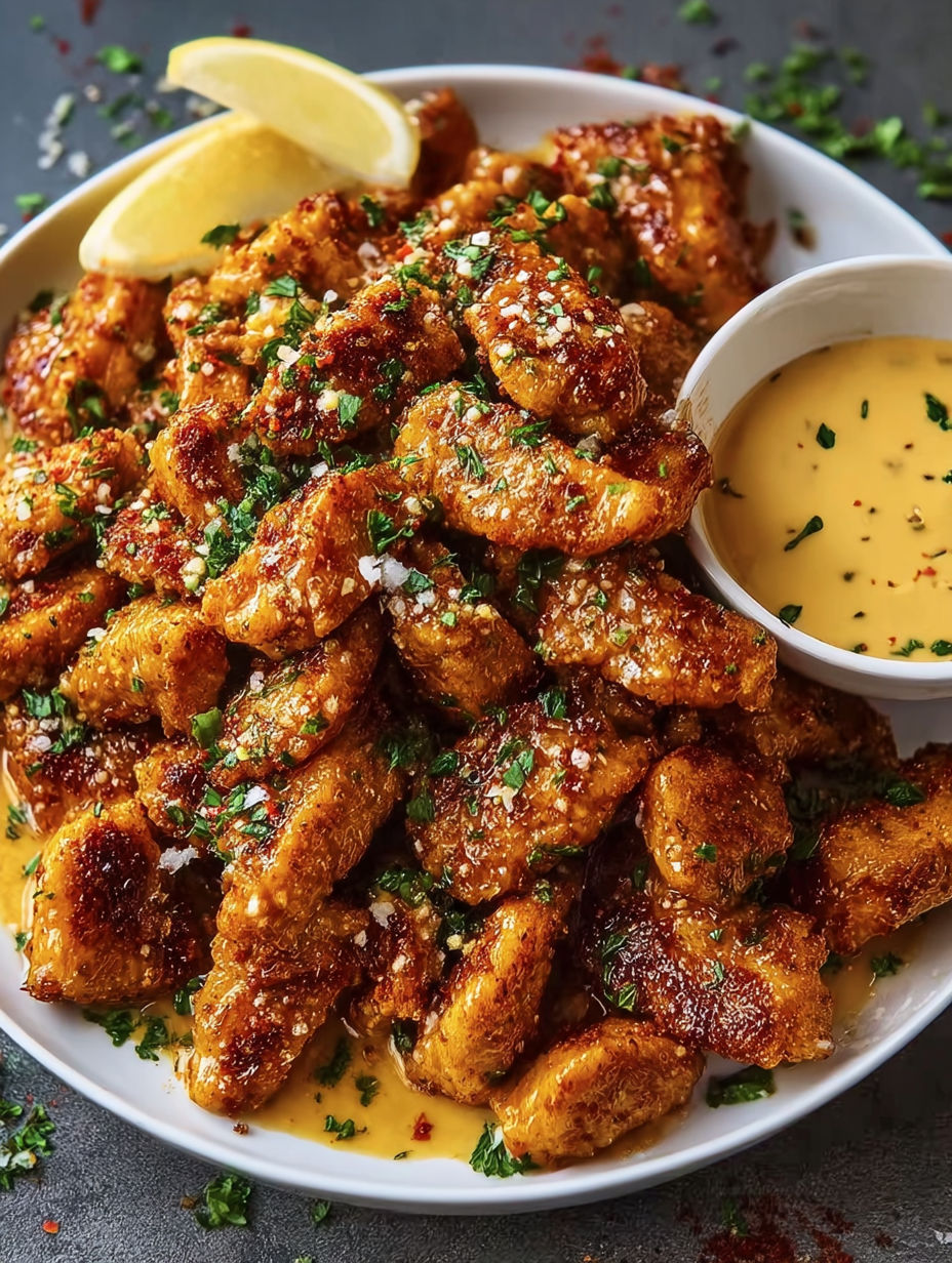 A plate of delicious Cowboy Butter Chicken Bites with Cajun Creamy Dipping Sauce.