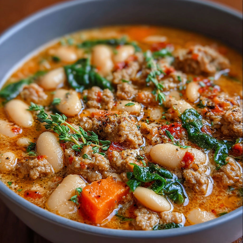 A bowl of Spicy Italian Sausage and Cannellini Bean Soup filled with meat, beans, and vegetables.