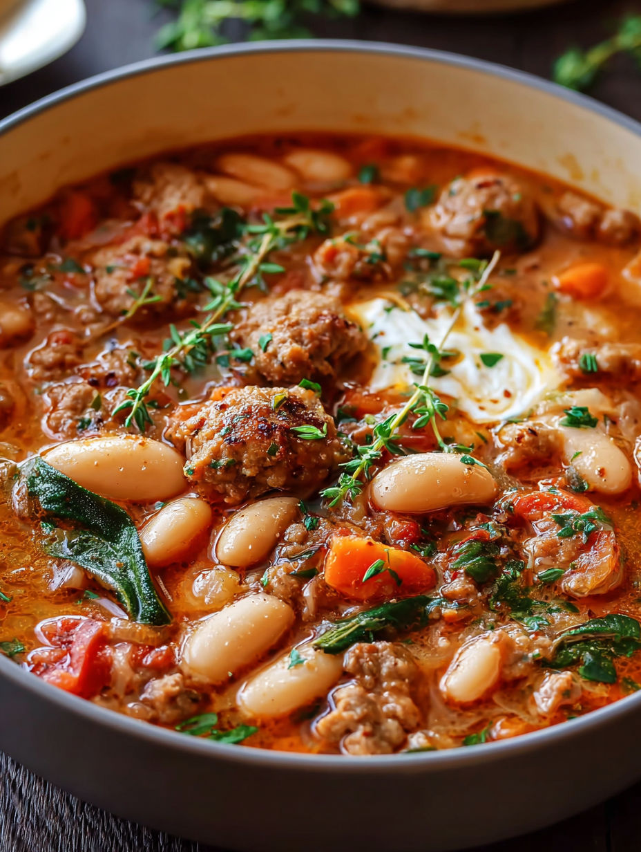 A bowl of stew with meat, beans, and carrots, served with a sprig of parsley on top.