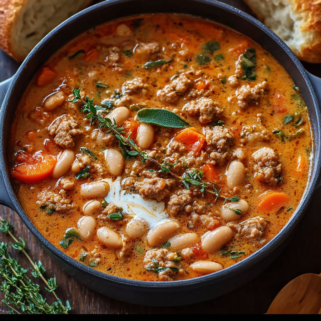 A bowl of soup with meat, beans, and vegetables.