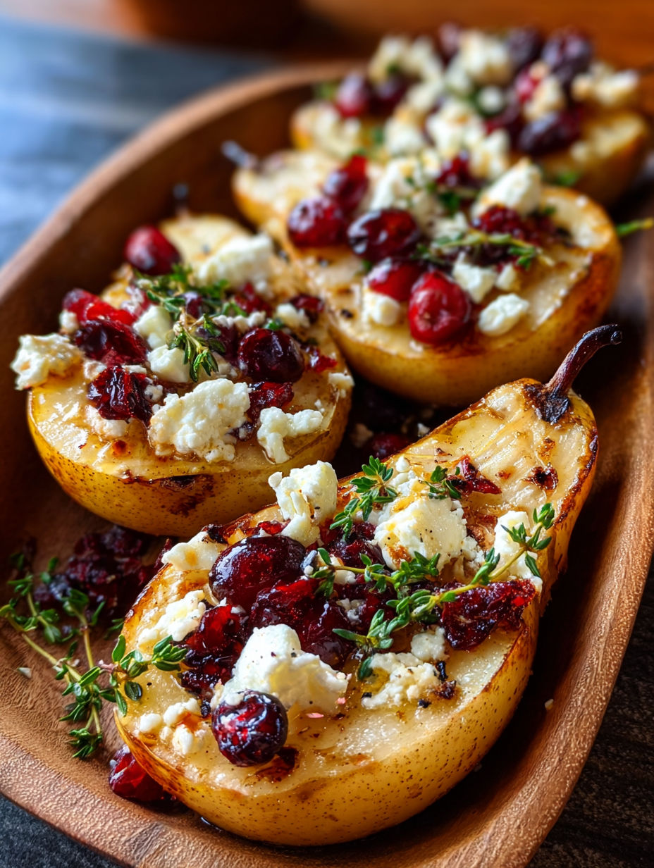 Baked pears with feta, honey, and cranberries on a wooden platter.