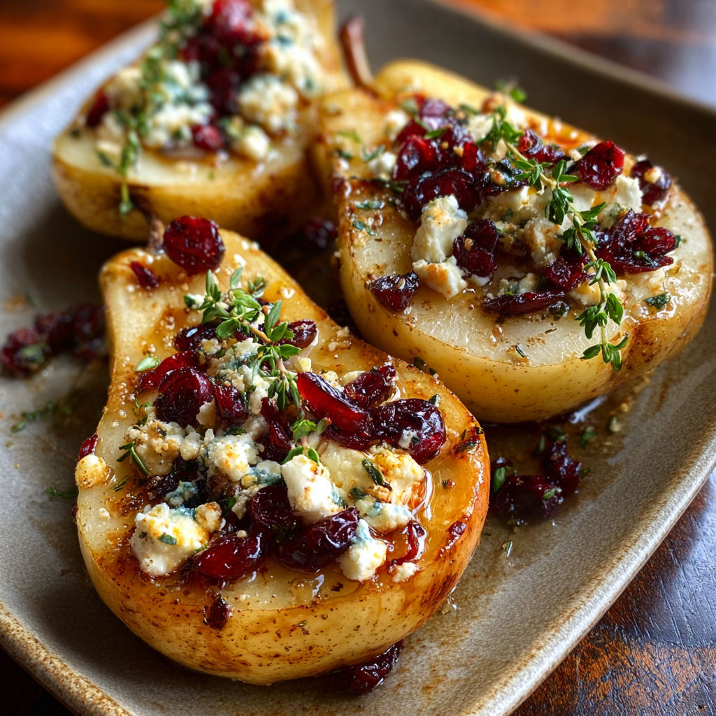 Baked pears with feta, honey, and cranberries on a plate.