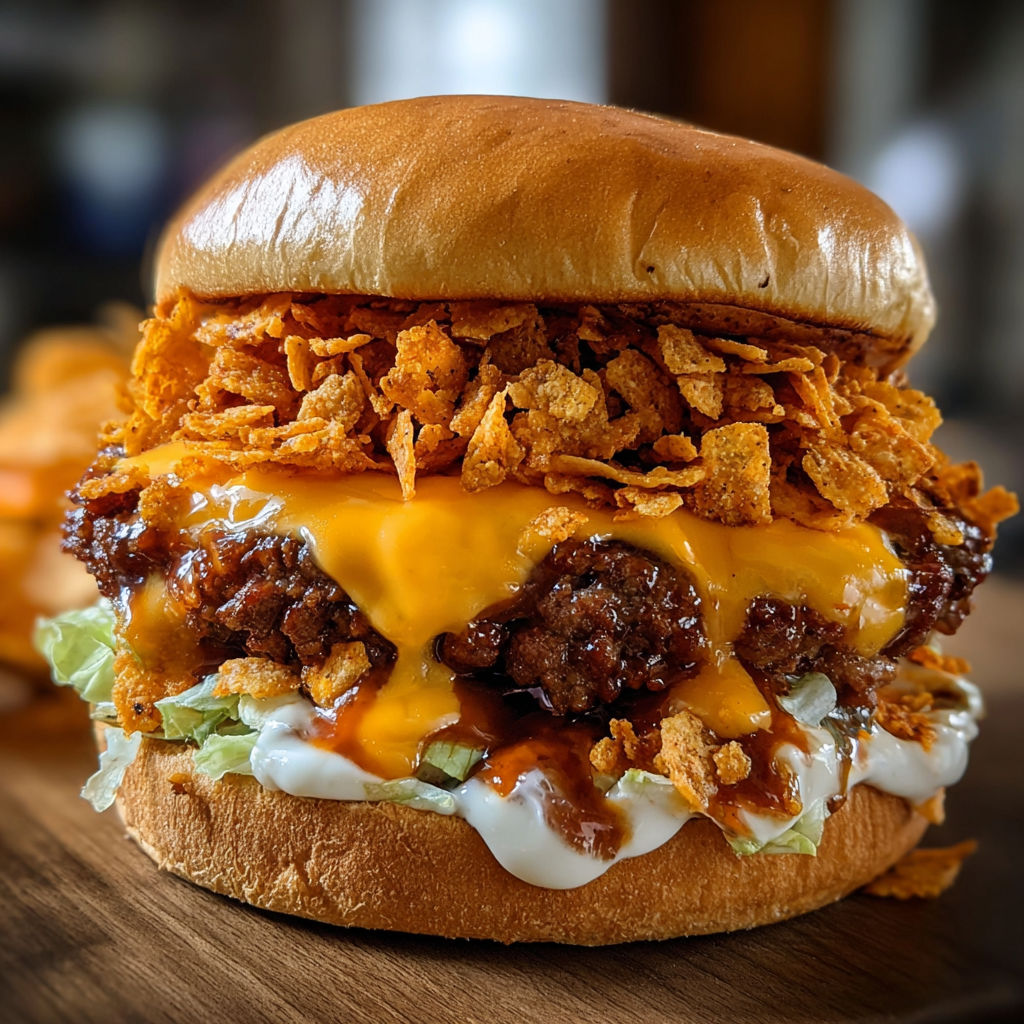 A delicious burger with lettuce, cheese, and chips on top.