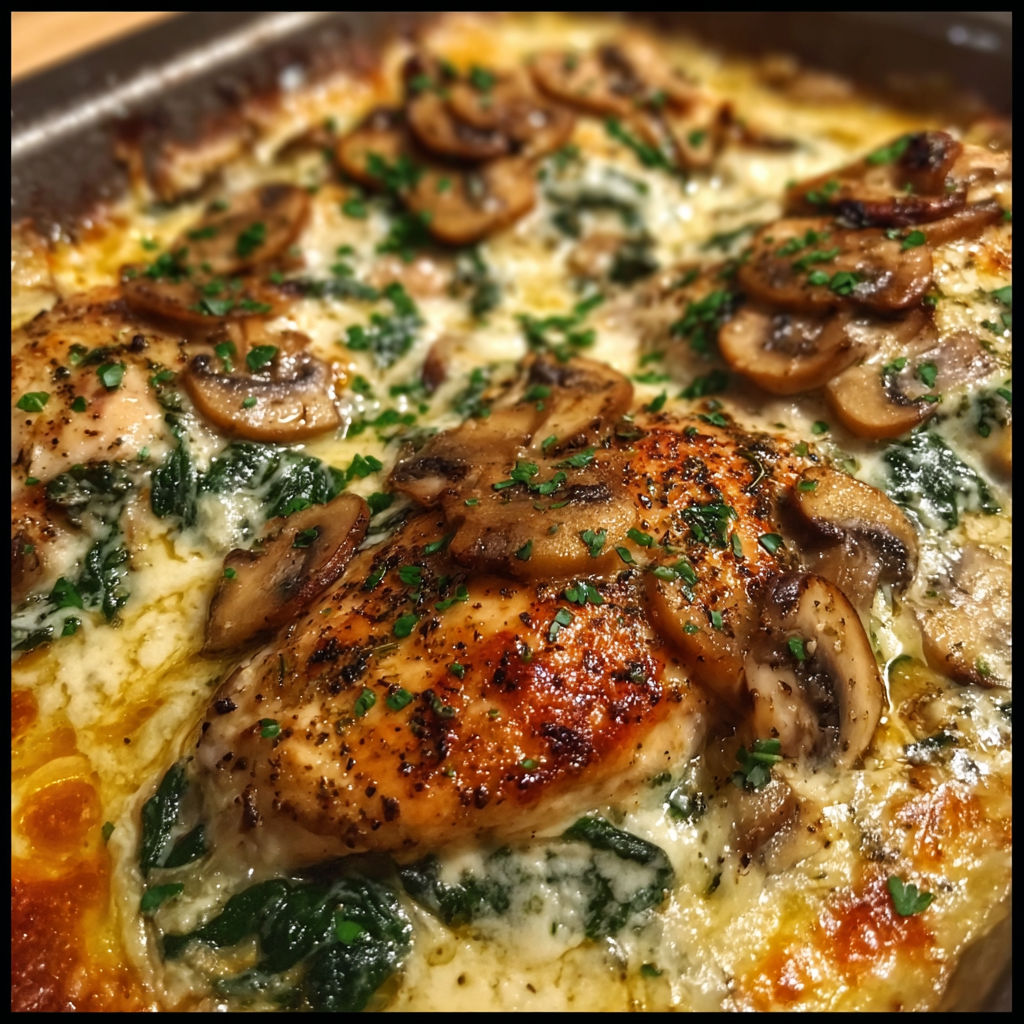 A delicious meal of chicken and mushrooms in a creamy sauce, served in a pan.