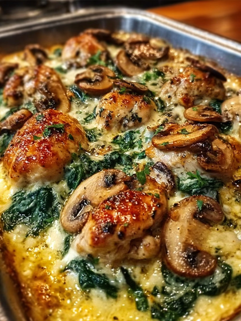 A delicious meal of mushrooms and chicken with a side of greens.