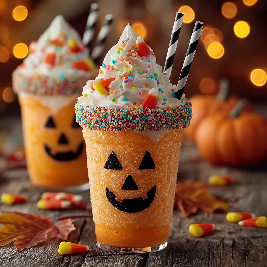 Two glasses of pumpkin floats with candy corn and candy pumpkins on the table.