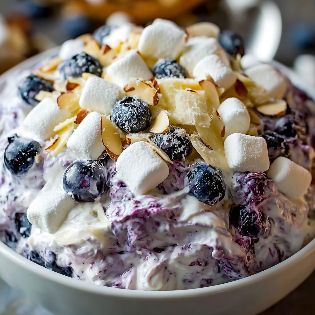 A bowl of Blueberry Fluff Salad with marshmallows and blueberries.