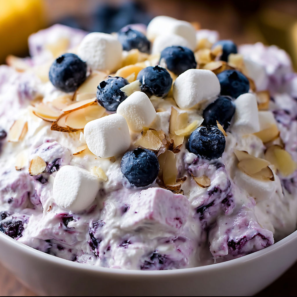 A bowl of blueberry and marshmallow dessert.