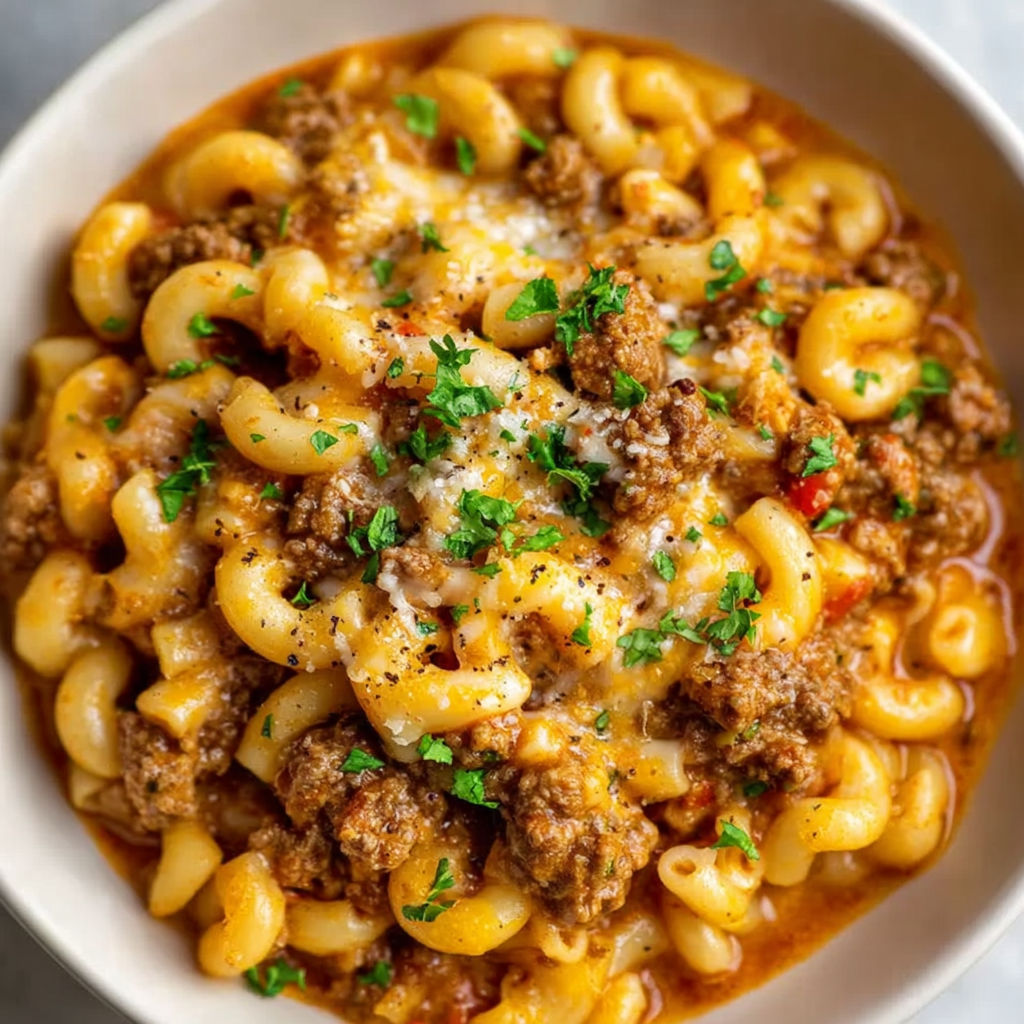 A bowl of pasta with meat and cheese, resembling a homemade Hamburger Helper recipe.