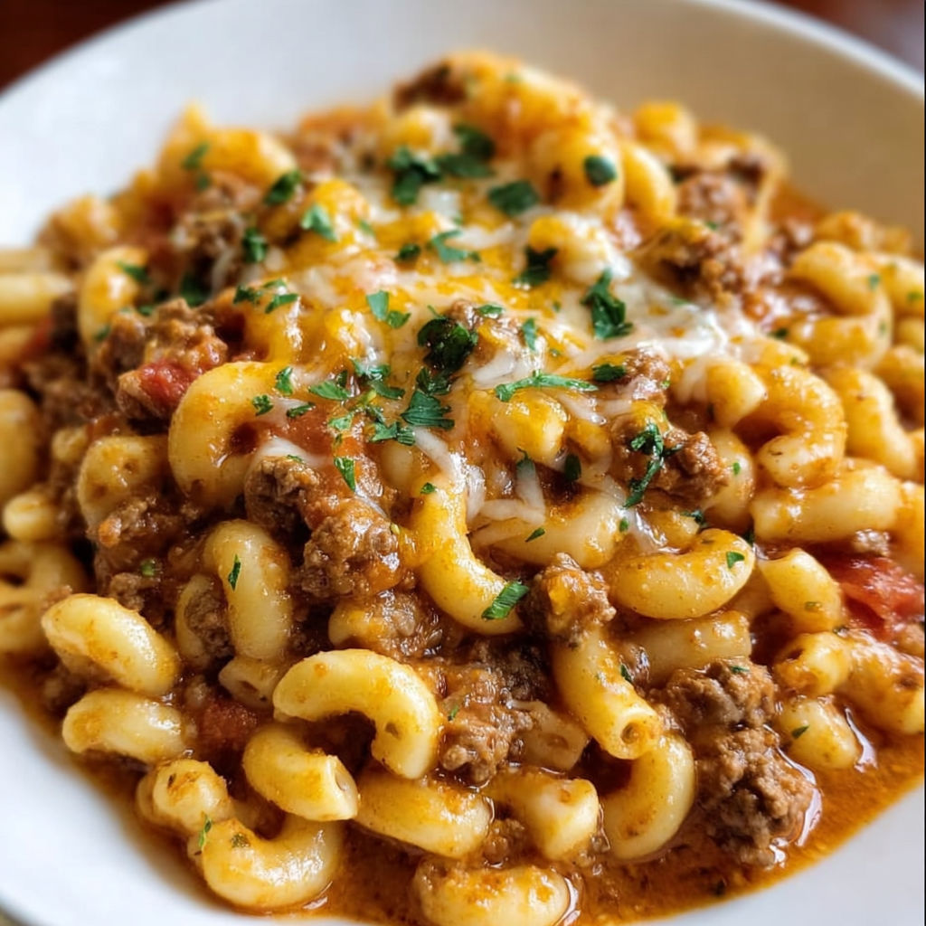 A plate of pasta with meat and cheese on top, served in a bowl.
