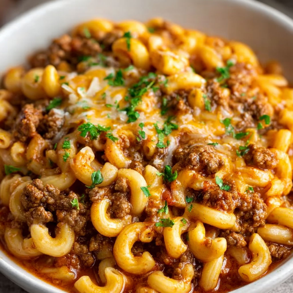 A bowl of pasta with meat sauce and cheese.
