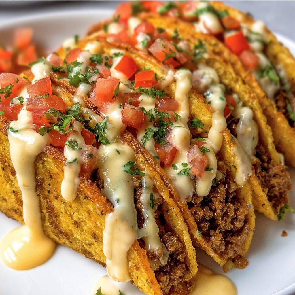 A delicious loaded taco with creamy cheese sauce.