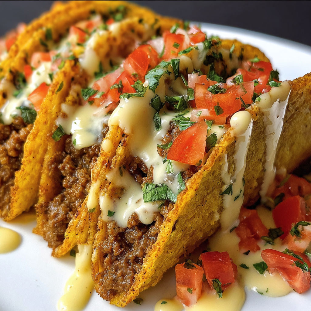 A plate of loaded tacos with cheese sauce and tomatoes.