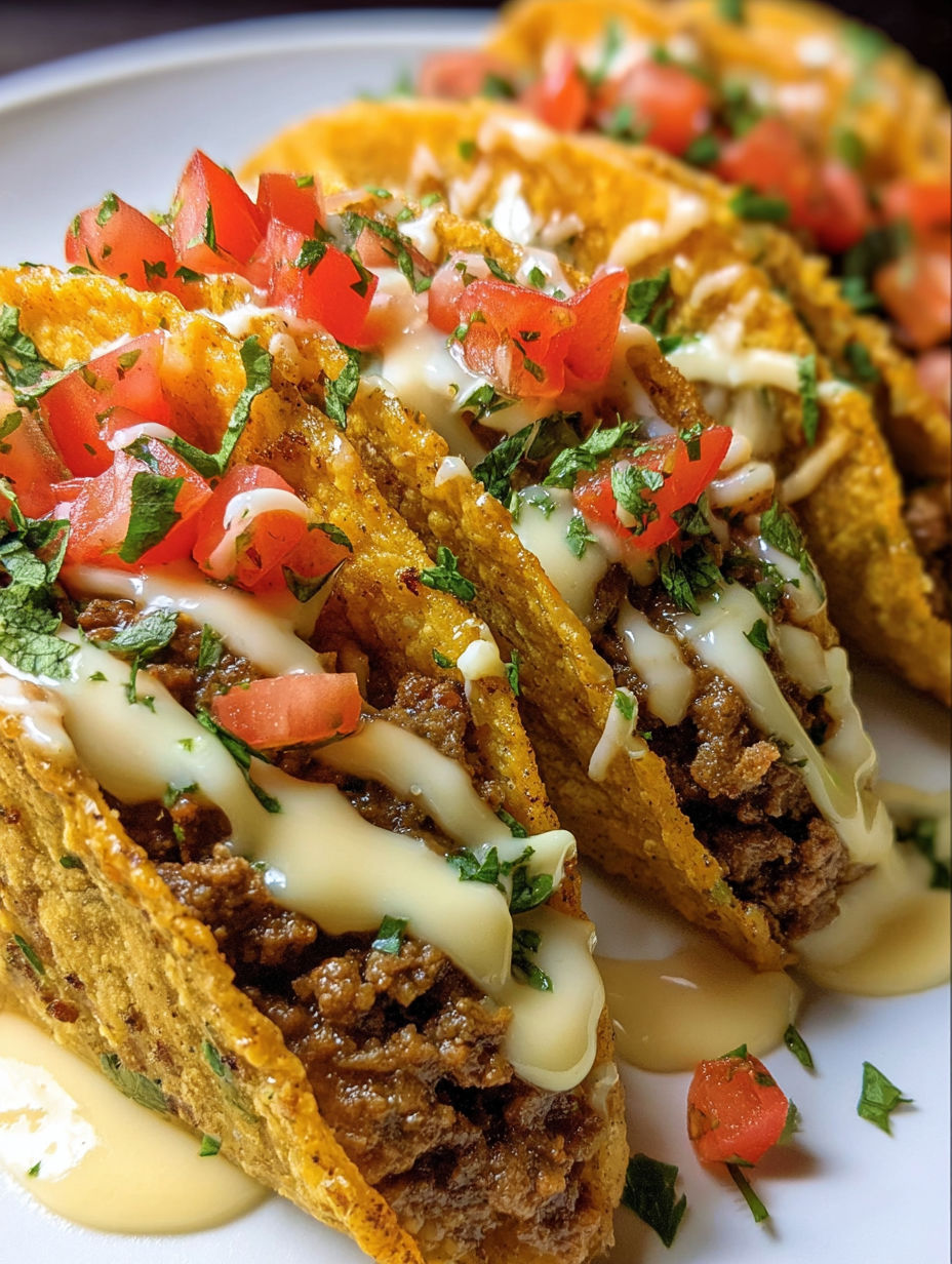 A delicious Loaded Taco Creamy Cheese Sauce is served on a plate with a variety of toppings.