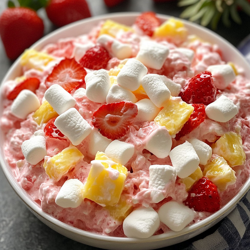 A bowl of Strawberry Fluff Salad, a dessert made with strawberries, whipped cream, and marshmallows.