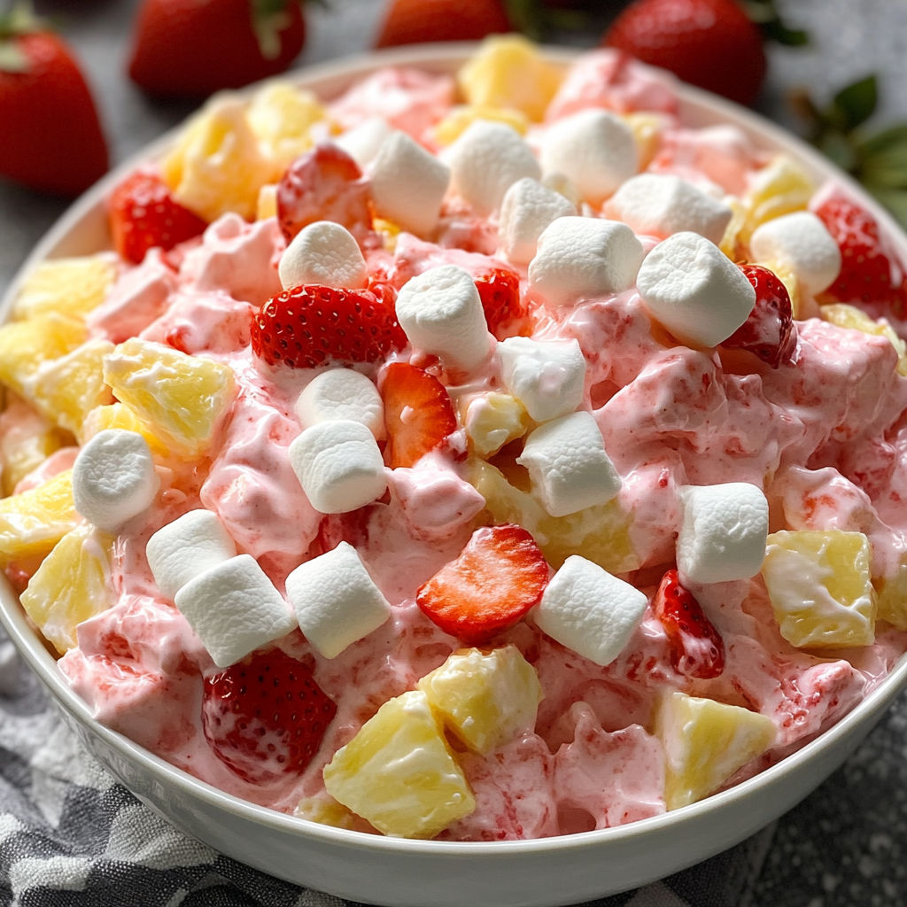 A bowl of Strawberry Fluff Salad, a dessert made with strawberries, whipped cream, and marshmallows.