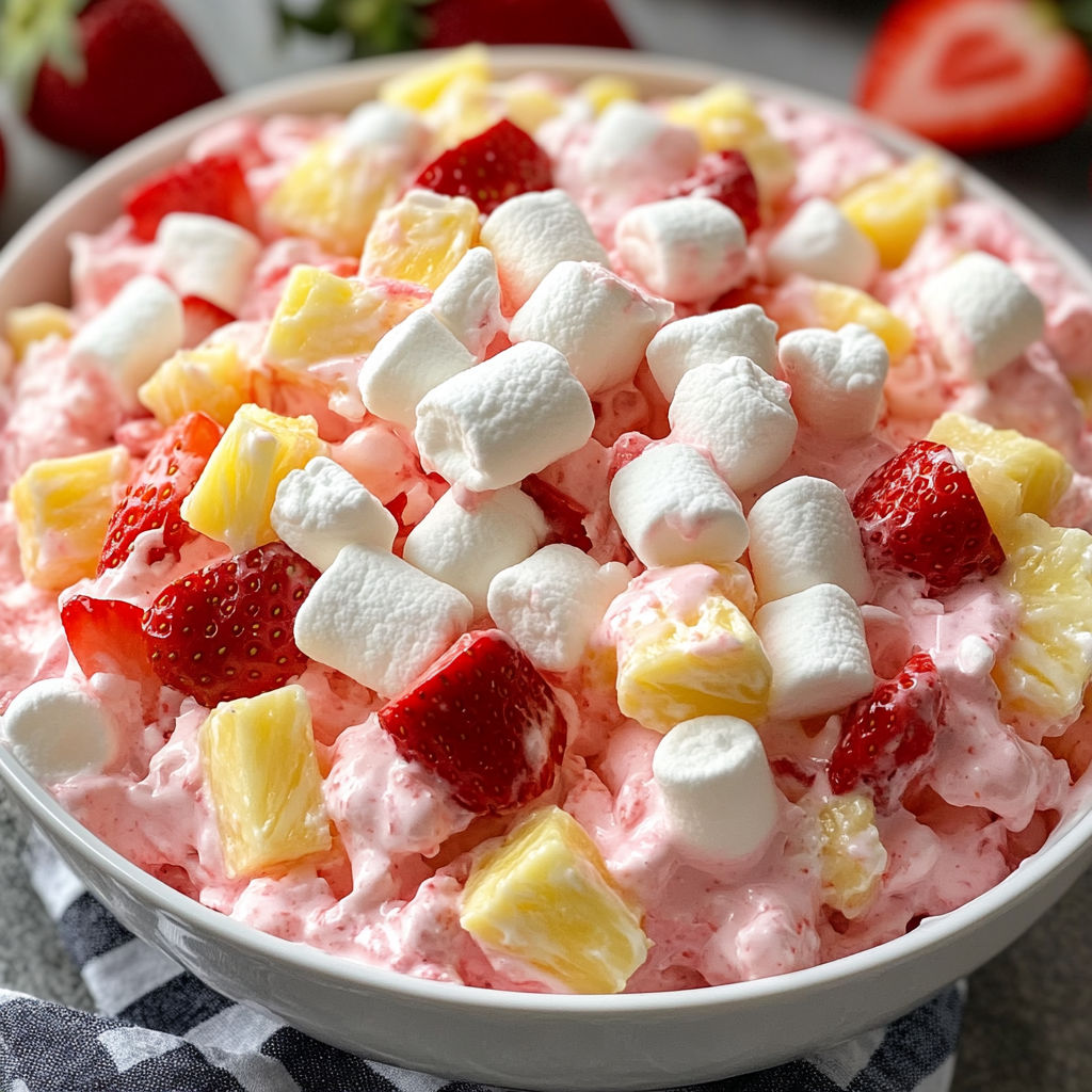 A bowl of Strawberry Fluff Salad is topped with marshmallows and strawberries.