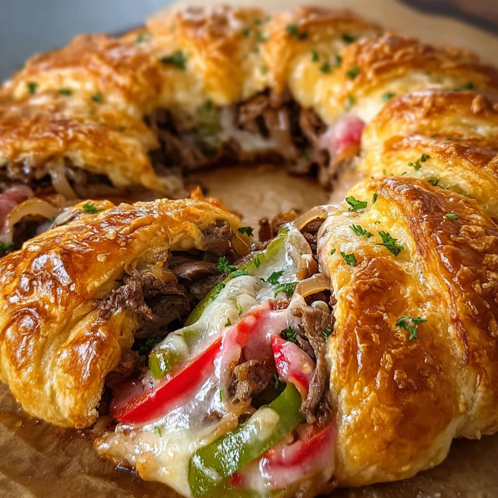 A delicious Philly Cheese Steak Crescent Ring is displayed on a wooden table, filled with cheese and meat.