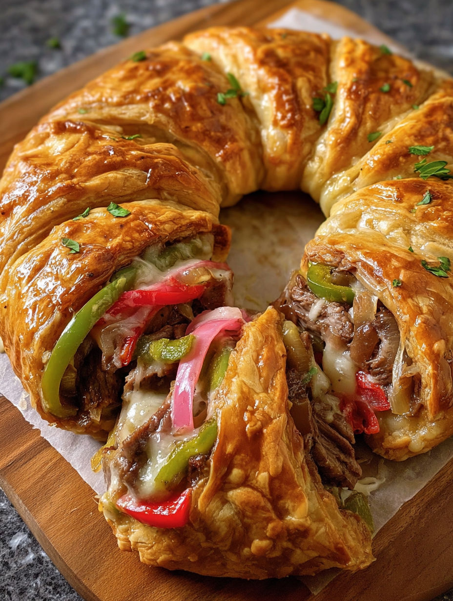 A delicious Philly Cheese Steak Crescent Ring is sliced and ready to be enjoyed.