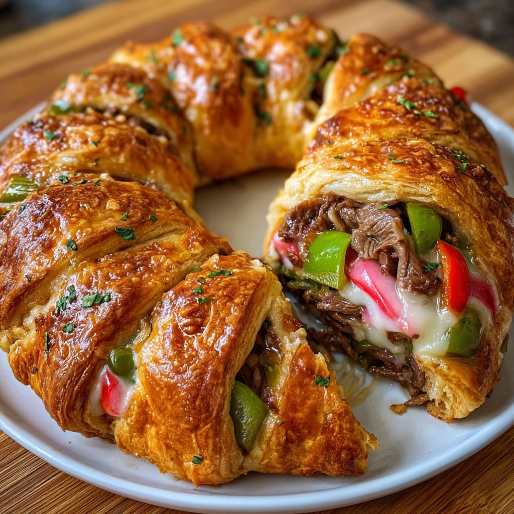 A delicious Philly Cheese Steak Crescent Ring is served on a white plate.
