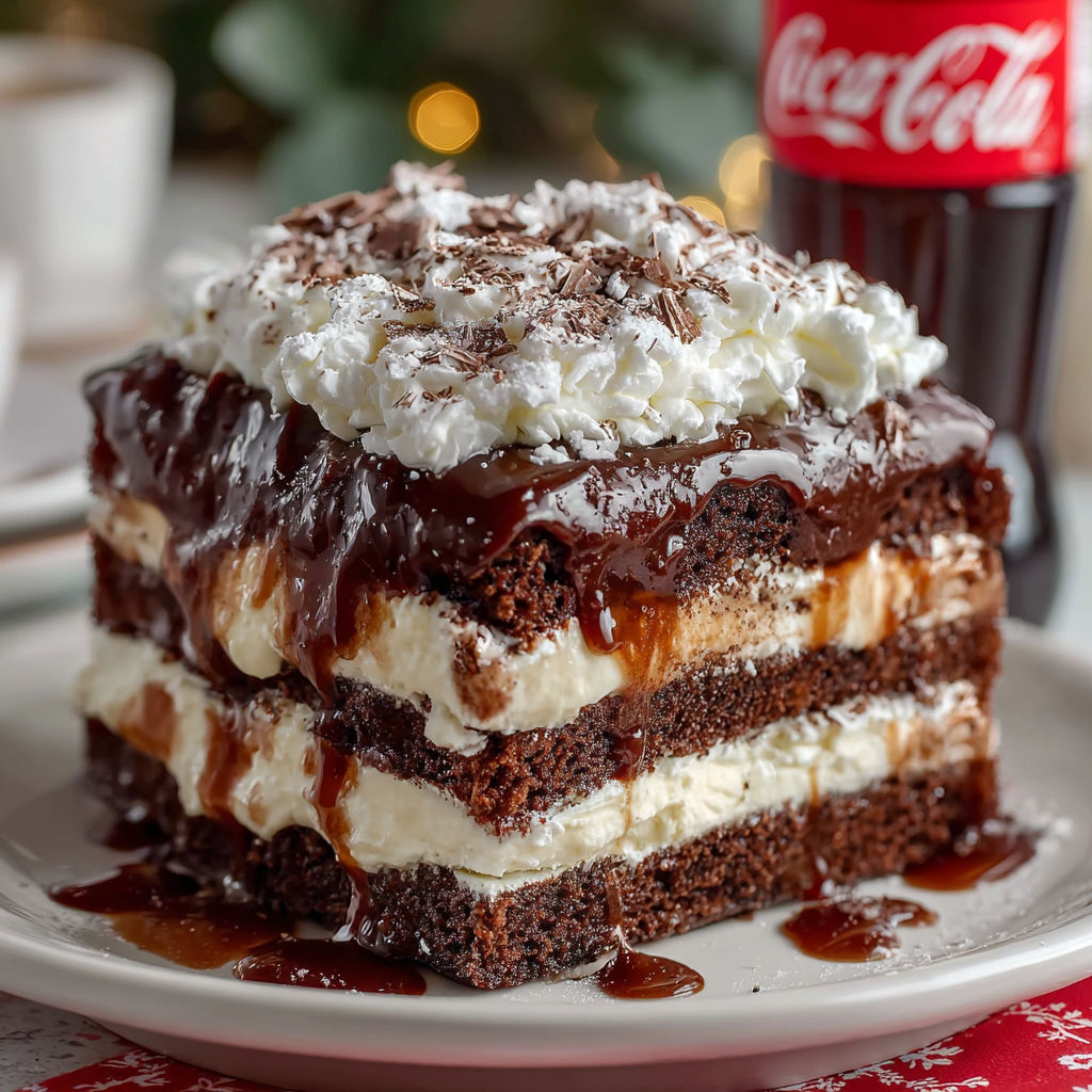 A delicious Coca-Cola Fudge Layer Cake is presented on a plate, ready to be enjoyed.