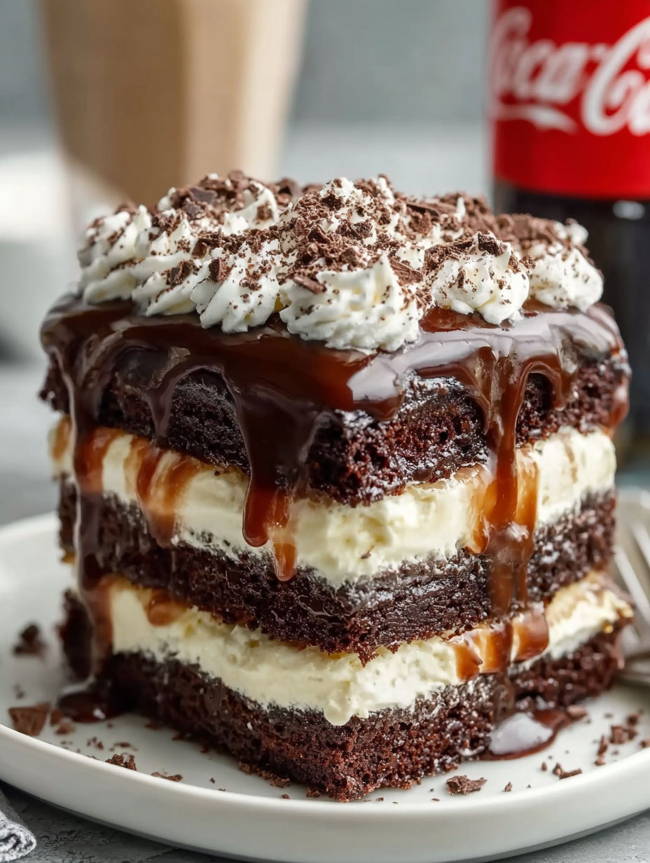 A slice of chocolate cake with white frosting and chocolate drizzle.