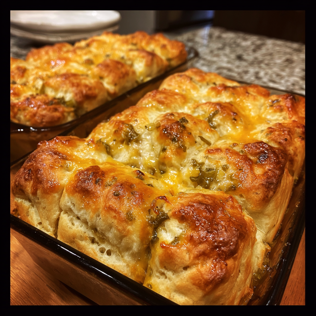A pan of Green Chile Cheese with Garlic Butter Pull Apart Loaves.