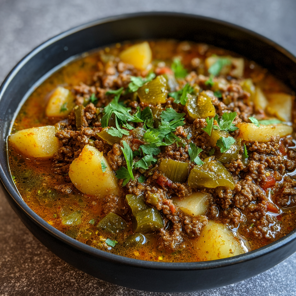 A bowl of Green Chile Picadillo, a hearty and flavorful dish.