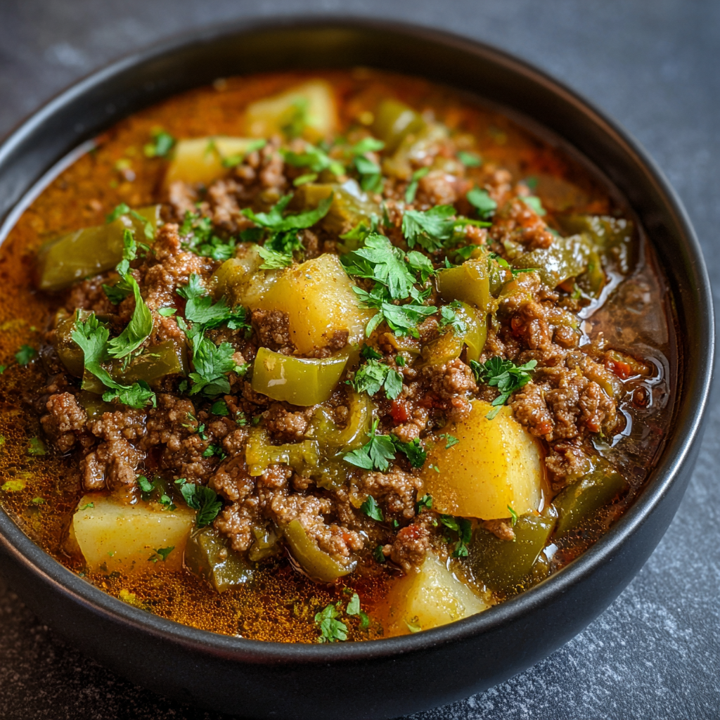A bowl of beef stew with potatoes and green peppers.