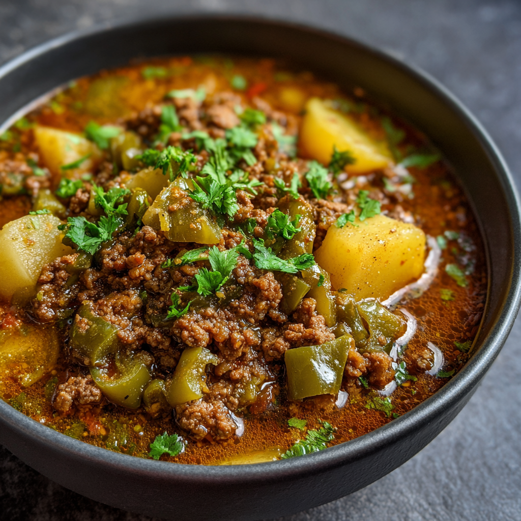 A bowl of beef stew with potatoes and green peppers.