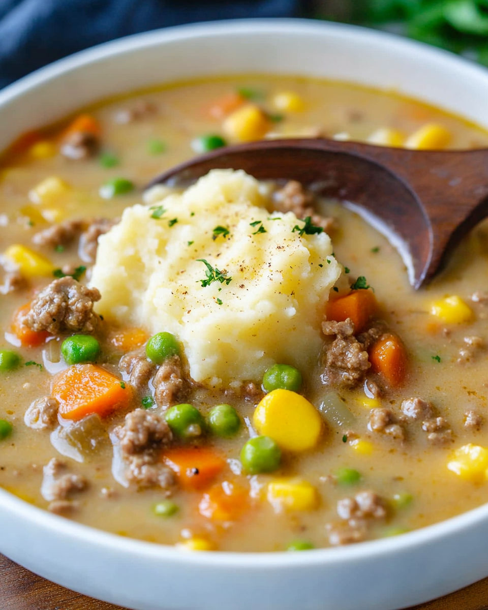 A bowl of soup with a wooden spoon in it, containing mashed potatoes, peas, and carrots.