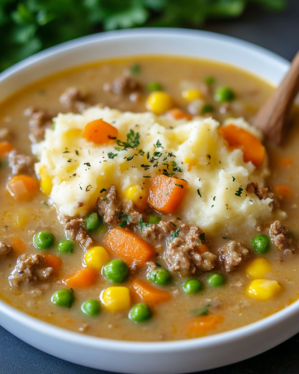 A bowl of soup with mashed potatoes, carrots, and peas, accompanied by a wooden spoon.