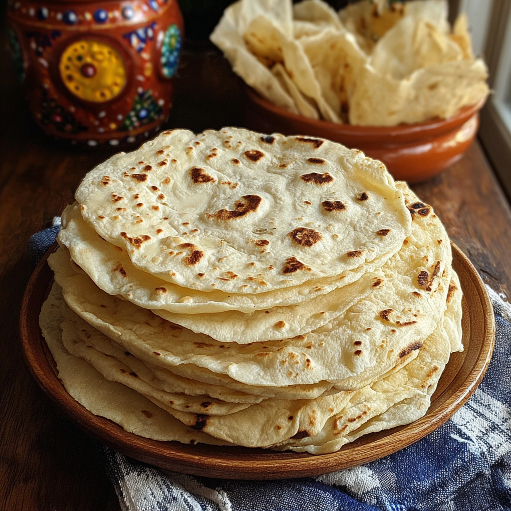 A stack of homemade flour tortillas on a wooden plate.