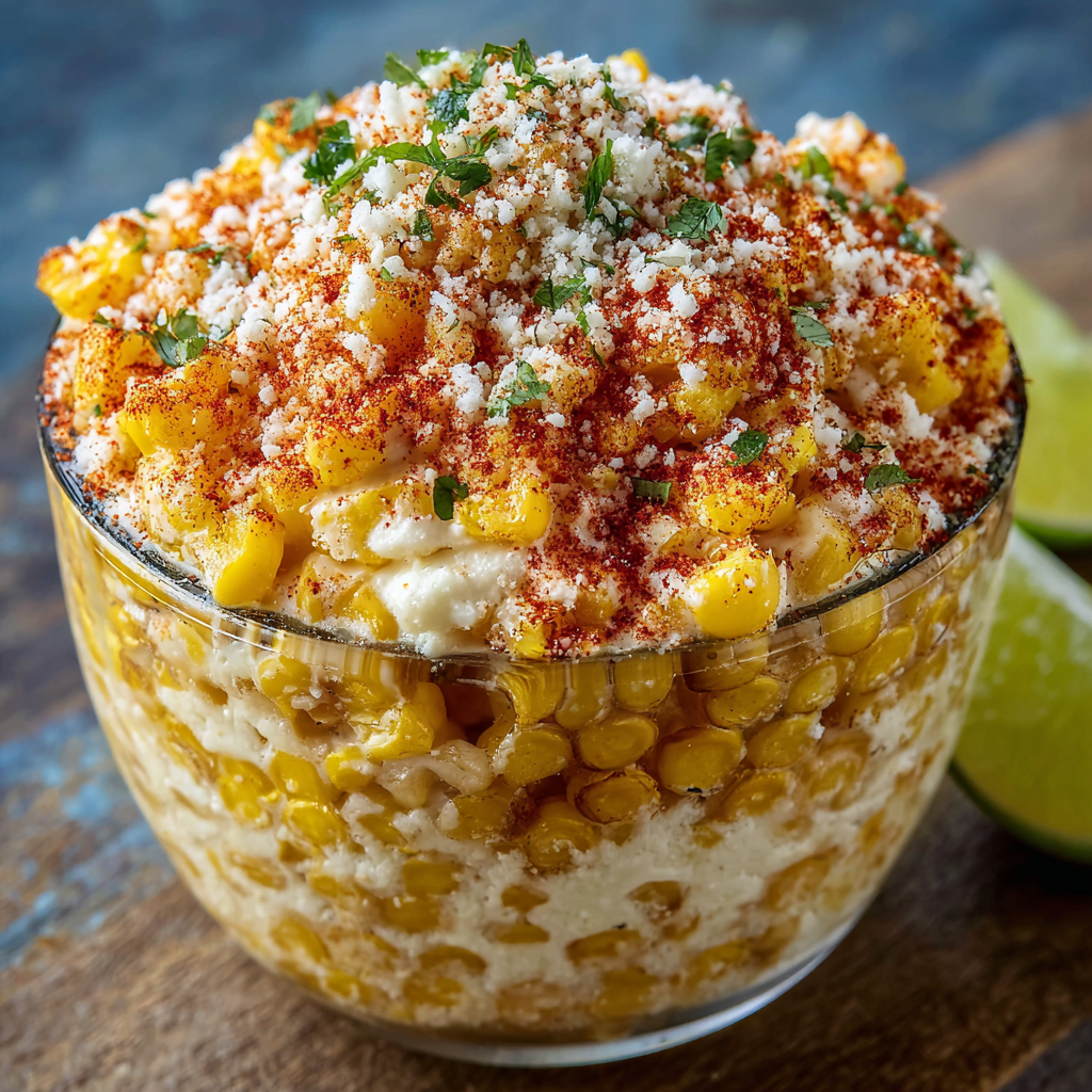 A bowl of corn with cheese and chili on top, served in a glass bowl.