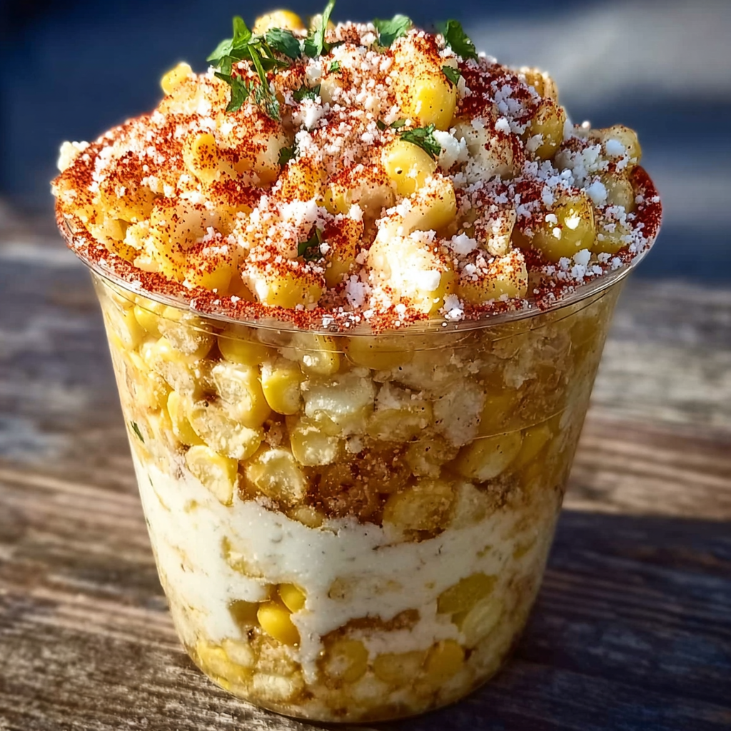 A cup of food with a spoon in it, the food is a mixture of corn and cheese.
