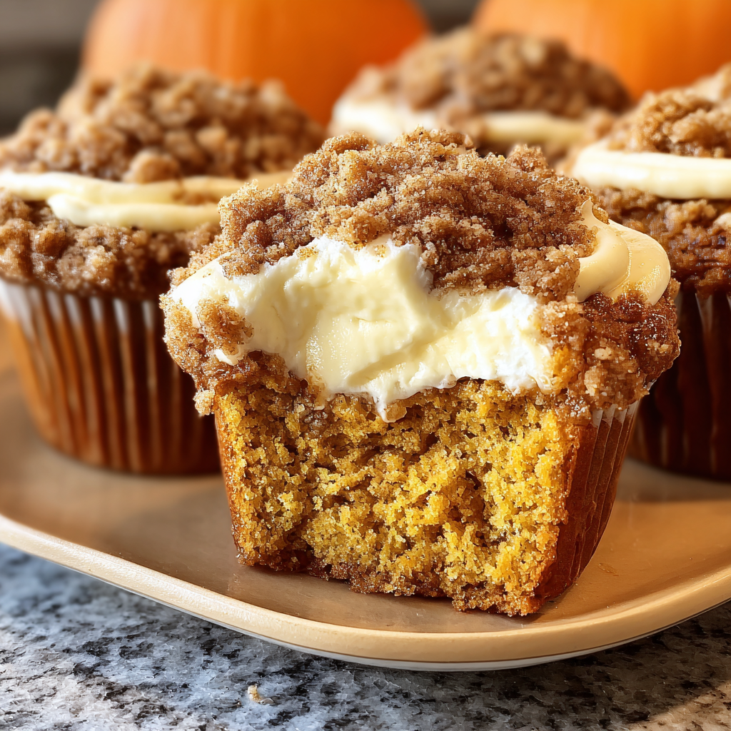 A delicious pumpkin streusel muffin with cream cheese filling is displayed on a plate.