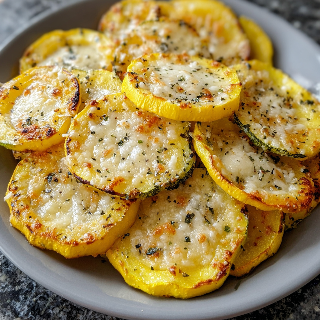 A plate of sliced yellow squash with cheese sprinkled on top.